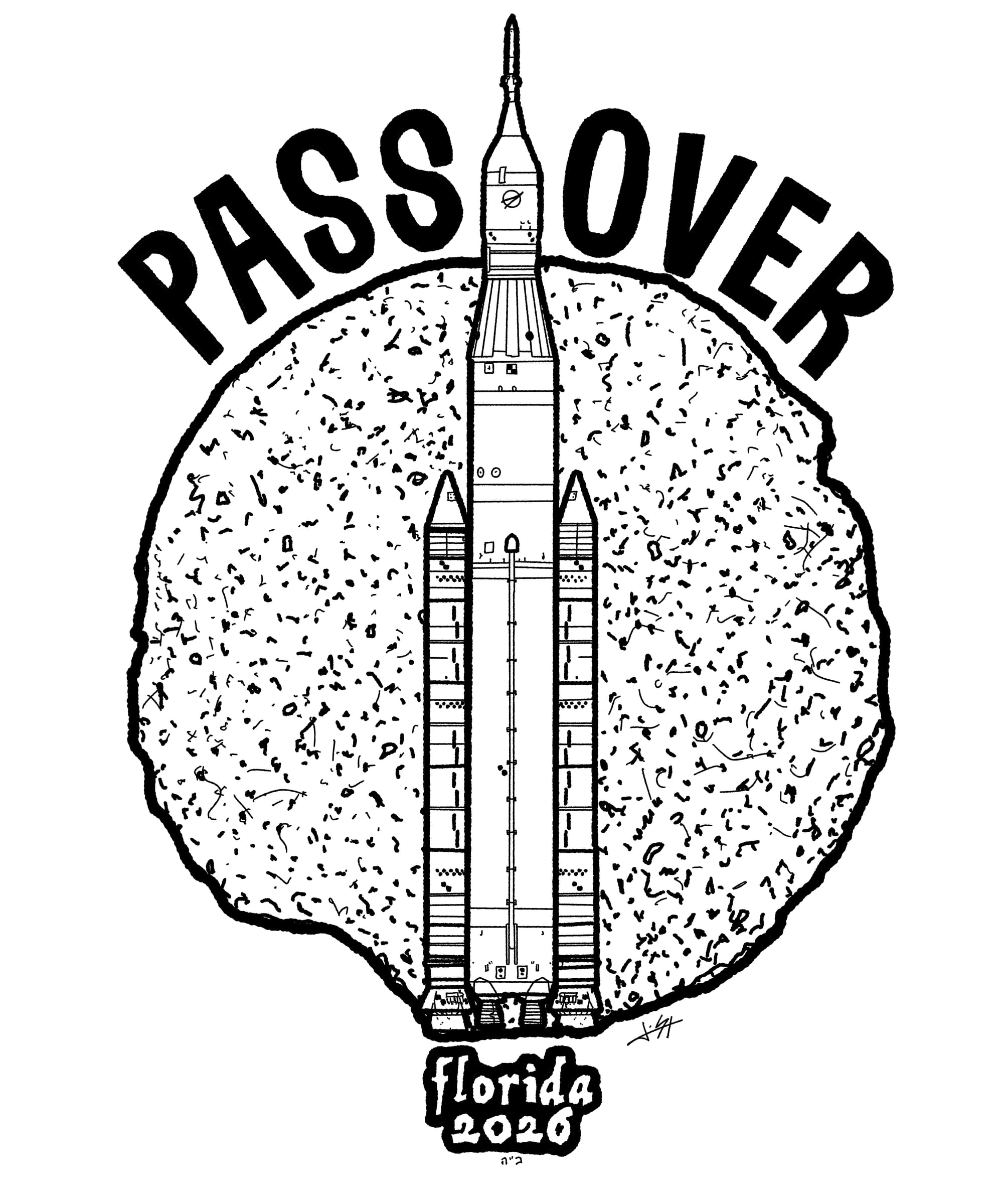 Pass Over: Florida 2026. SLS rocket in architectural elevation passing through a round of shmura matzah.
